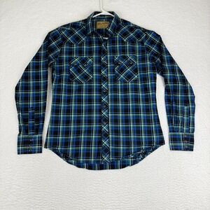 Wrangler Retro Pearl Snap Premium Shirt Men's M Long Sleeve Western Plaid Blue
